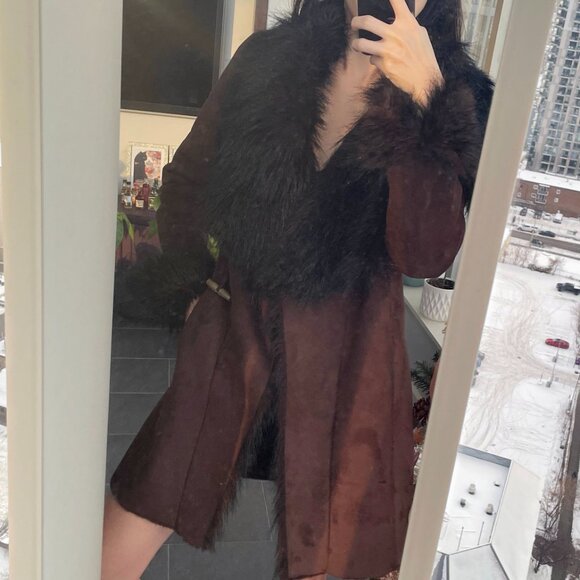 Faux fur Jacket, Y2k Fluffy Brown Faux Fur Trim Jacket, Mocha Short Afghan Coat - Picture 2 of 10